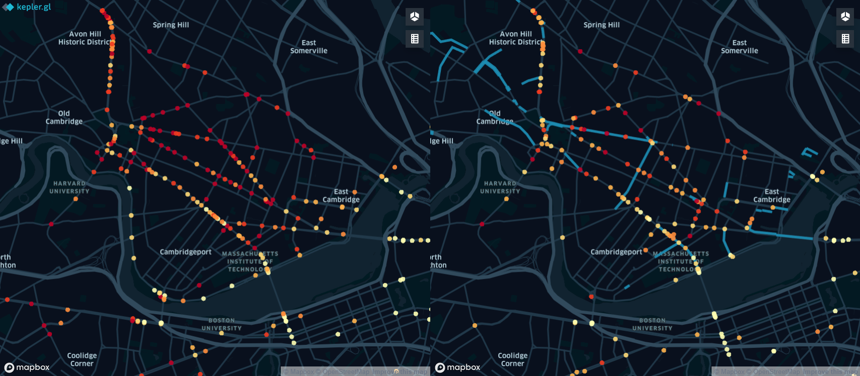 Two side-by-side maps that draw dots at intersections of bike crashes. The map on the right illustrates where bike road improvements have been made and the crash rates appear lower.