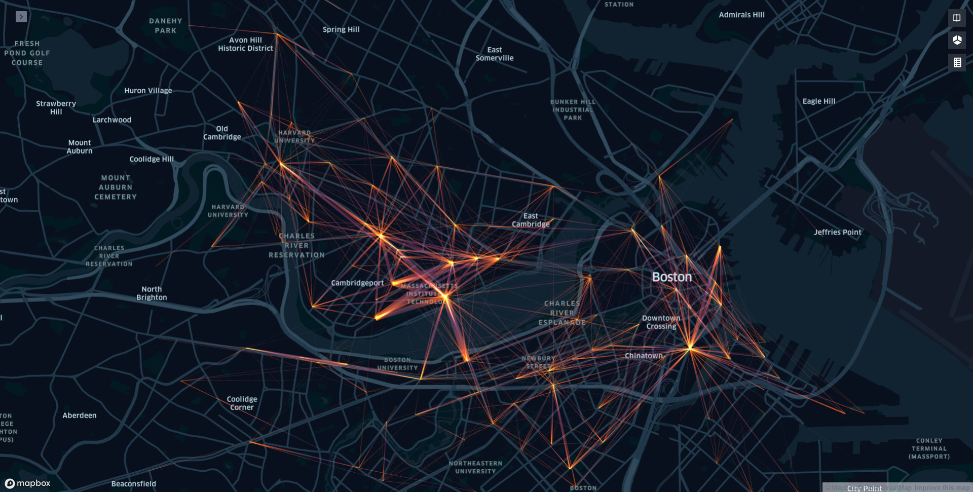 A map of bike share trips across Boston Cambridge represented as lines between the start and end of each trip.